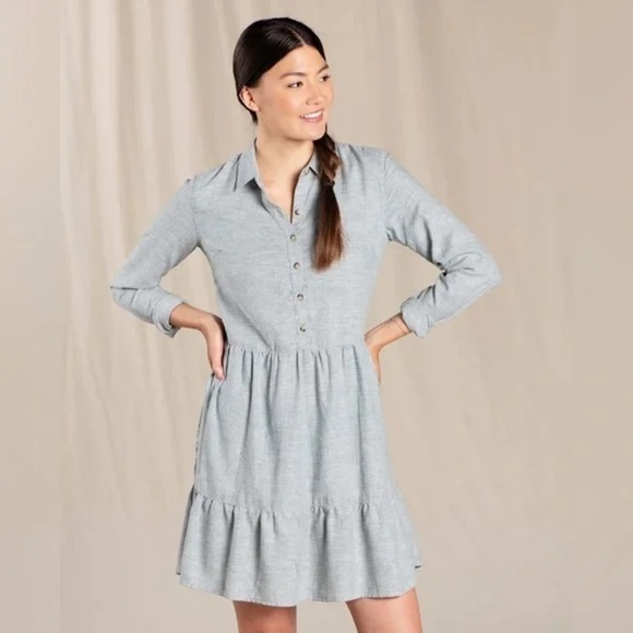 🆕 Toad & Co Reform Tiered Dress with pockets in Blue Slate Spacedye SZ LG - Picture 7 of 7